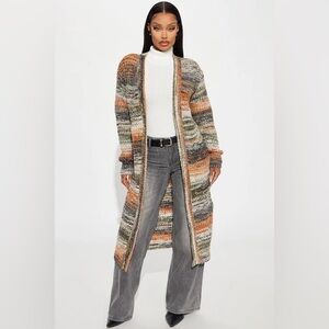 Open-Front Multicolor Striped Knit Long Cardigan - Orange/Green/Gray